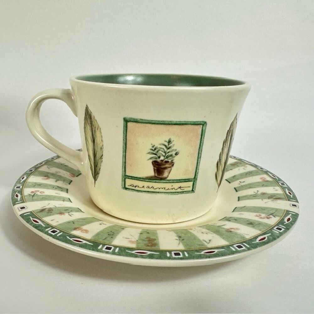Pfaltzgraff Naturewood Flat Cup & Saucer Set Coffee, Leaves, Herbs, Garden Tools